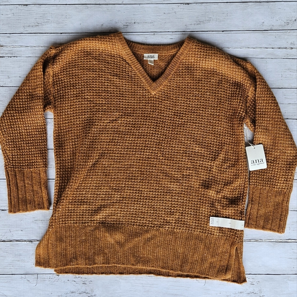 a.n.a.‎ Gold Sweater V Neck Waffle Knit Size L NWT